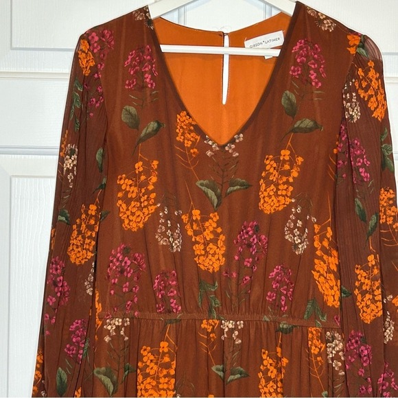 Gibson Latimer Floral Print Long Sleeve Midi Dress Brown Orange Size Unknown - Picture 4 of 6
